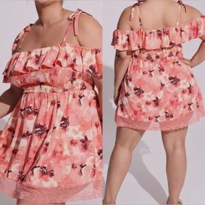 Torrid Cold Shoulder Tie Strap Lace Trim Pink Floral Mini Cover Up Dress